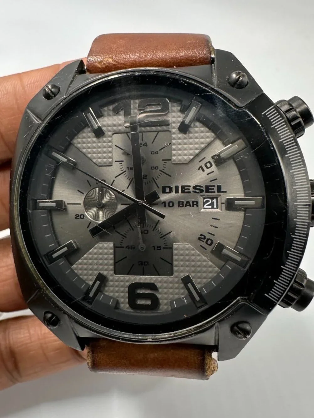 Diesel Overflow Chronograph Watch Mens Black Dial 50MM Brown Band New Battery